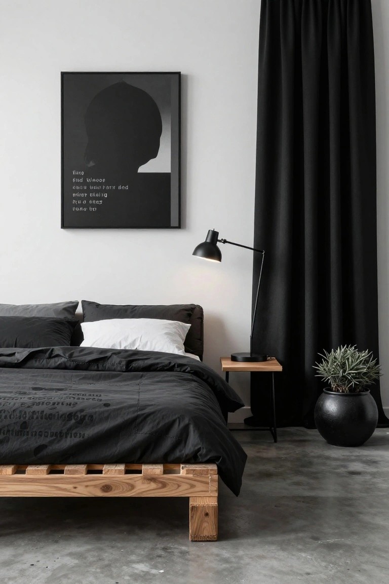 Minimalist bedroom with low wooden pallet bed frame topped by black duvet and mixed pillows, beside a wooden nightstand with black desk lamp, black curtains, potted plant in black pot, and framed silhouette artwork on white wall above polished concrete floor.