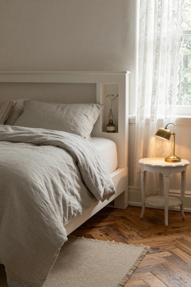 White wooden platform bed frame with built-in headboard niches containing a vase and lamp, gray linen bedding, brass desk lamp on a white side table, sheer curtains on window, and parquet wood floor in a light bedroom.