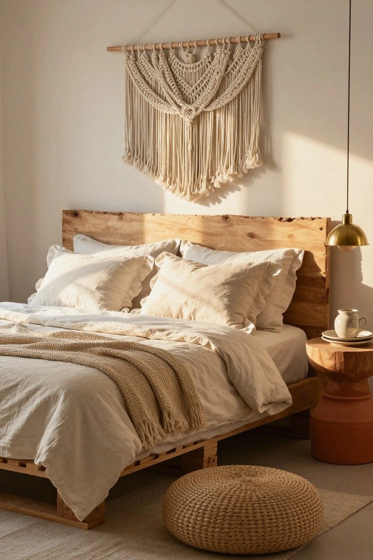 Bedroom interior with low bed on wooden pallet platform, live-edge wood headboard, white linen bedding and throw, macrame wall hanging above, brass pendant light, stump side table with cup and saucer, tall terracotta pot, and rattan pouf on floor.