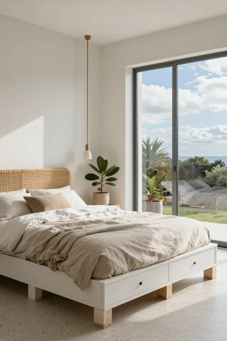 A sunlit bedroom with a white platform bed frame featuring underbed drawers and wooden block legs, a woven rattan headboard, neutral linens, potted plants, and large sliding glass doors opening to a view of grass, palms, and ocean.