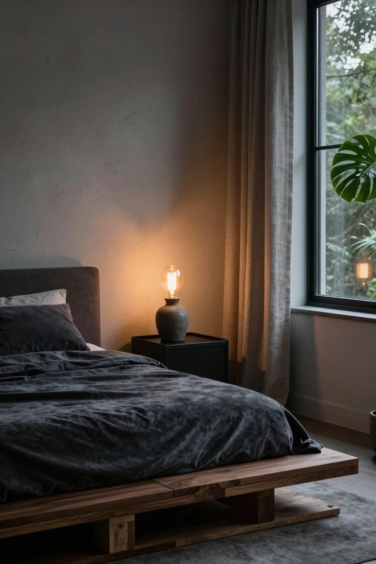 Bedroom interior with low wooden pallet bed frame holding dark gray bedding, gray upholstered headboard, black side table with ceramic lamp, large window with sheer curtains, monstera plant, and soft lighting.