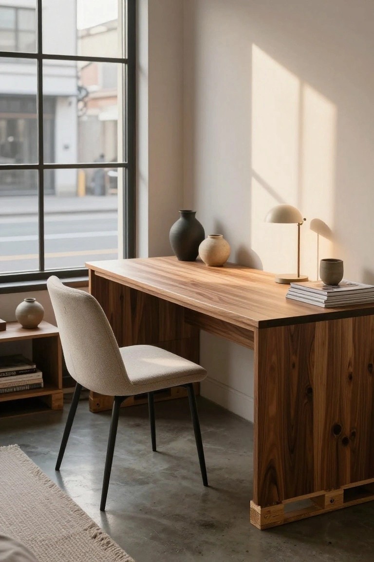 A minimalist home office with a large wooden desk on pallet-style legs, a cream fabric chair, side table with books and vase, ceramic pottery on desk and shelves, and a window with street view.