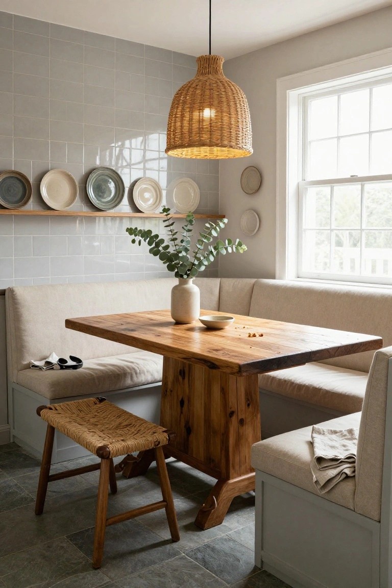 Kitchen breakfast nook with beige upholstered banquette along two walls, wooden trestle table, rattan stool, woven pendant light, eucalyptus vase, and plates on wall shelf against gray tiles and slate floor.