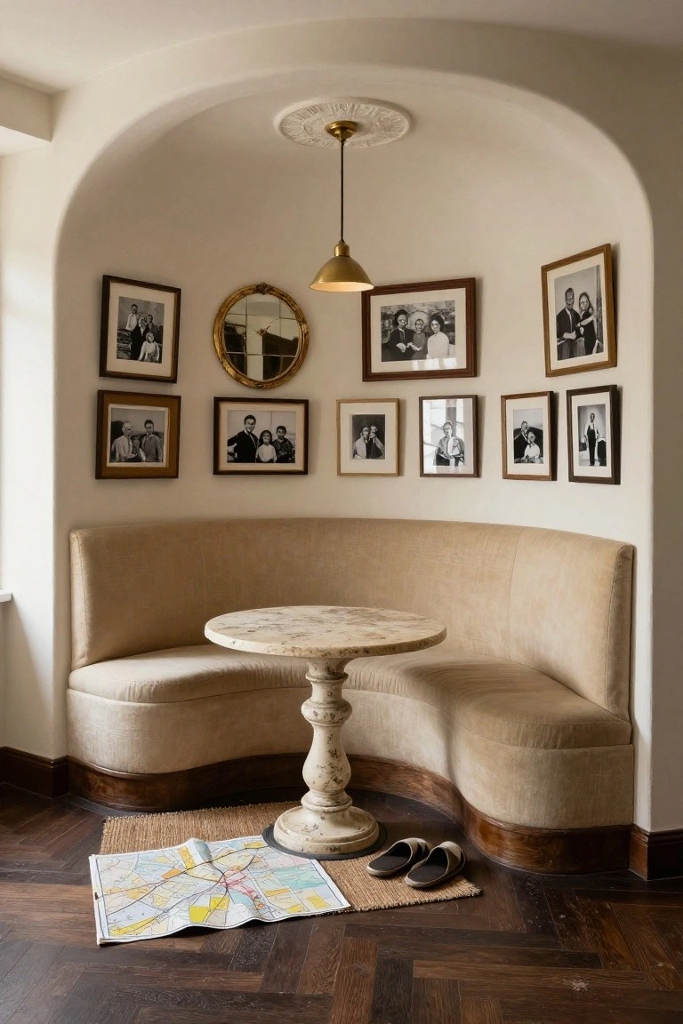 Curved beige fabric banquette in a white arched wall alcove with a round marble-topped table on a pedestal base, gold-framed mirror, assorted black-and-white photos on walls, pendant light, Paris map and slippers on parquet wood floor.