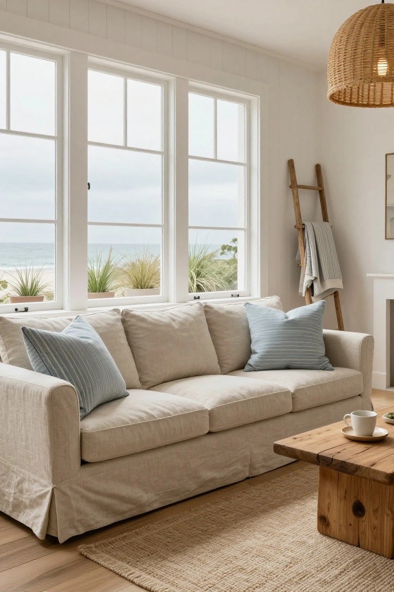 Beige slipcovered sofa with blue striped pillows in a white living room featuring large triple windows overlooking the ocean and potted plants, wooden coffee table with teacup and saucer, seagrass rug on hardwood floor.