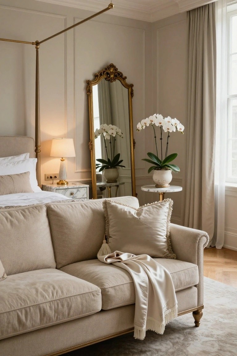 Beige upholstered sofa with cream pillows, silk throw, and tassel details in a light bedroom with four-poster bed, marble tables, gold mirror, and potted white orchids.