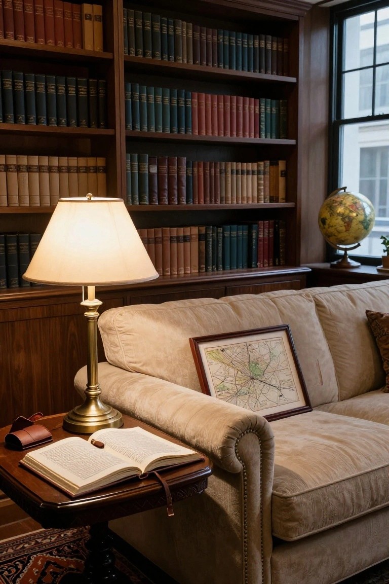 Cozy study with beige sofa, lit lamp, open book, and map beside full bookshelves.