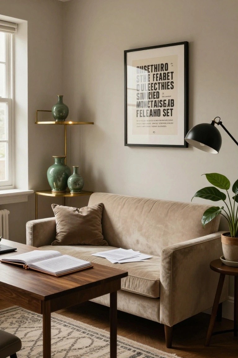 Corner of a living room with a beige velvet sofa, wooden coffee table holding an open book and papers, green ceramic vases on a gold shelf, black lamp, and abstract art print on a greige wall.