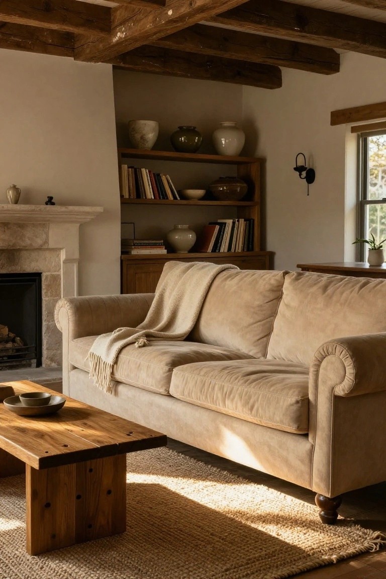Living room with light beige rolled-arm sofa draped in a fringed white throw, wooden coffee table holding a ceramic bowl, seagrass rug, stone fireplace, exposed wooden beams, wooden shelves with pottery and books, and a window with plant.