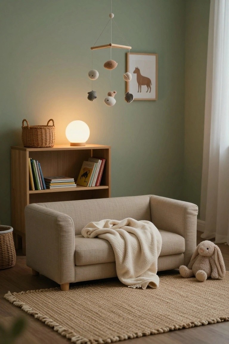 Sage green nursery room with a low beige two-seater sofa draped in a white knit blanket, wooden bookshelves holding colorful children's books, a felt planet mobile, wicker baskets, a globe lamp, and toys on a seagrass rug.