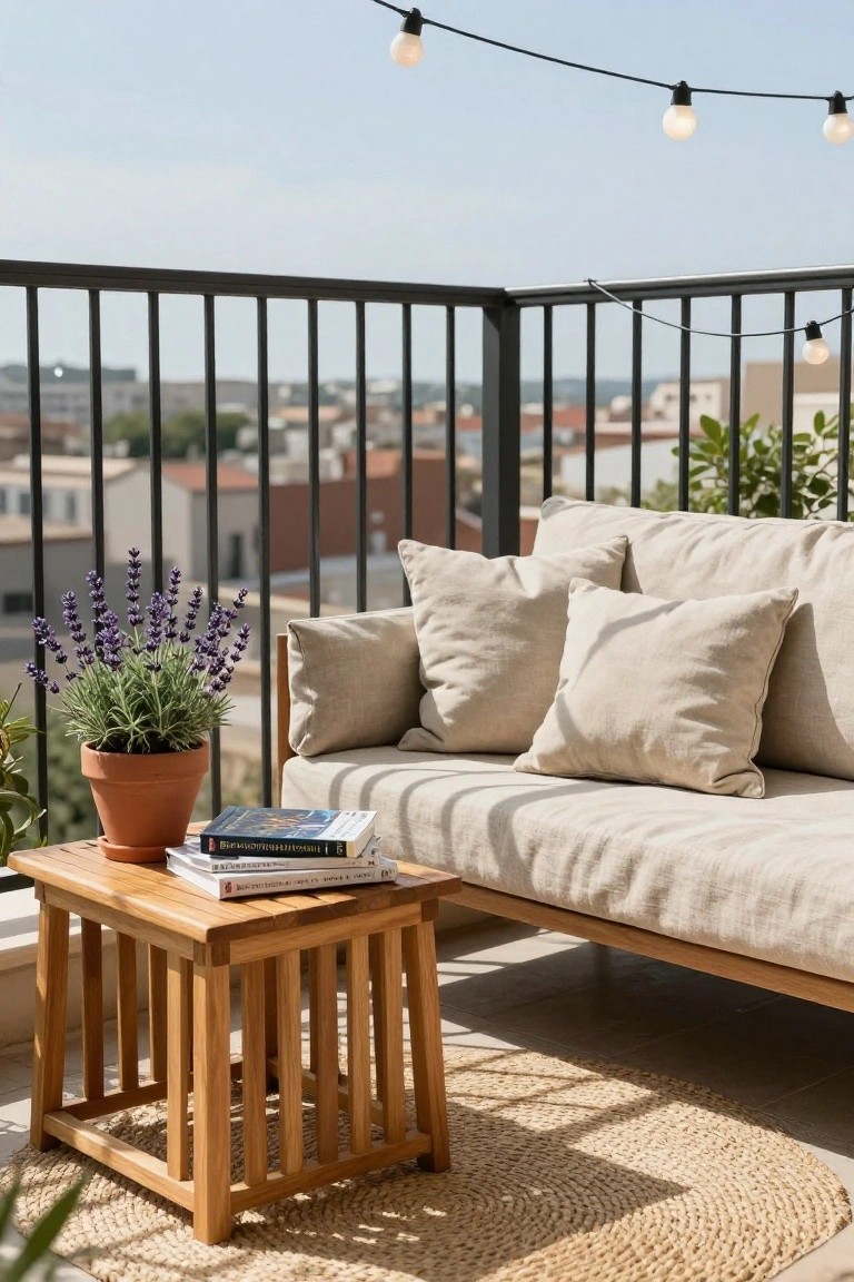 Beige linen sofa on a sunny balcony with black metal railing, wooden side table holding stacked books and potted lavender plant, seagrass rug underneath, string lights strung above, and rooftops visible in background.