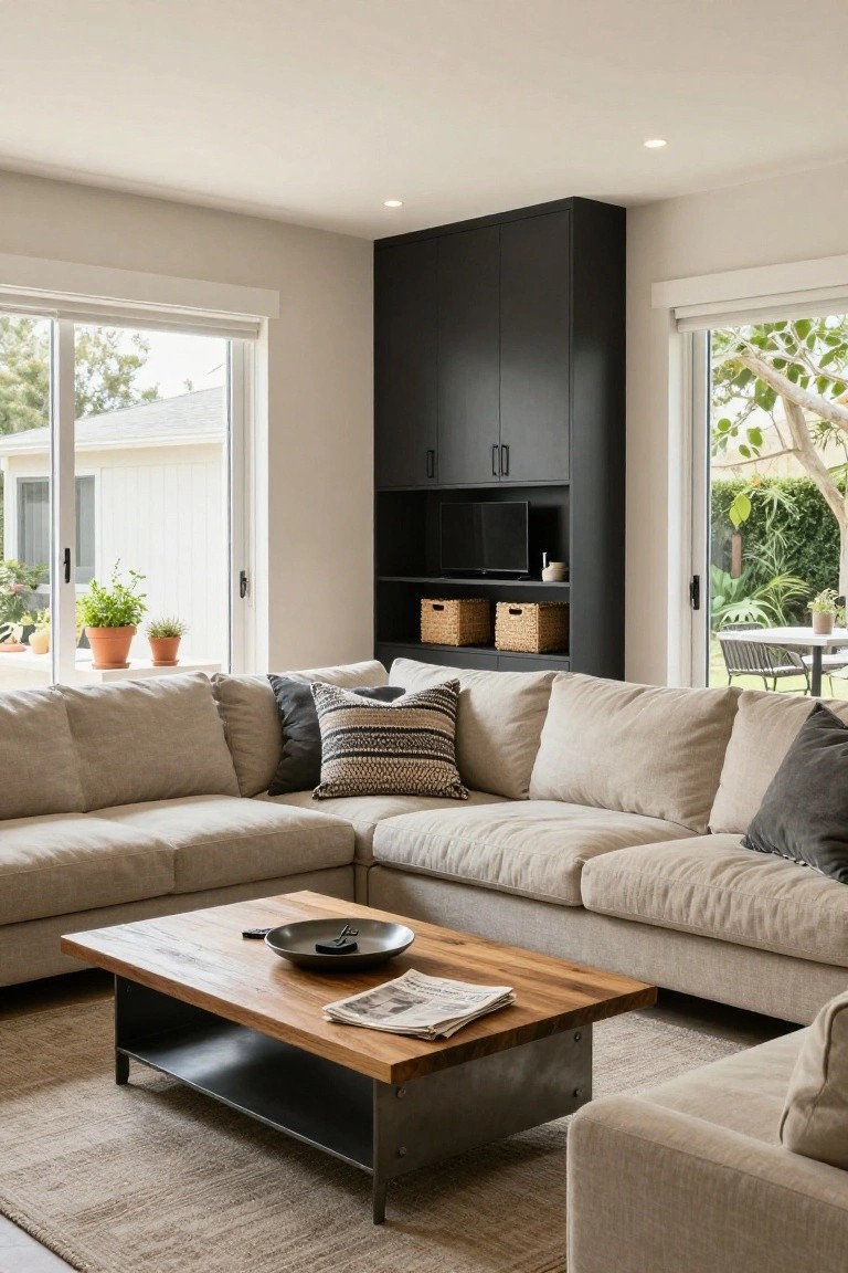 Modern living room with L-shaped beige sofa, black floor-to-ceiling cabinet containing TV and baskets, low wood and metal coffee table, neutral rug, and large windows overlooking garden and patio.