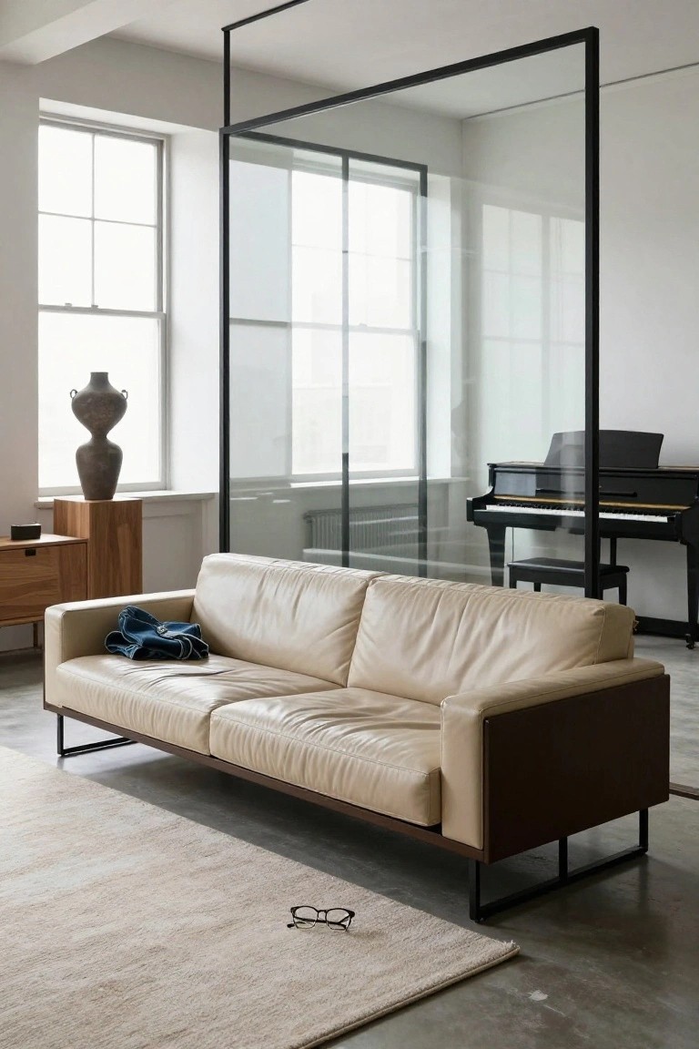 Modern living room with a beige leather sofa featuring wood armrests and black metal legs, positioned on a beige rug near a glass partition, black piano, wooden pedestal with vase, and side table.