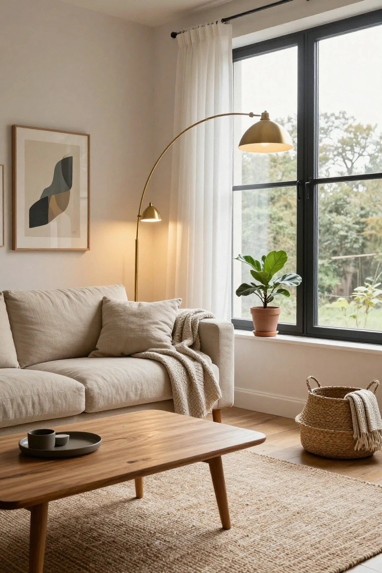 Beige linen sofa with pillows and draped throw blanket in a bright living room corner, featuring large black-framed windows with sheer curtains, gold arched floor lamp, fiddle leaf fig plant, oak coffee table with book and plate, wicker basket, and seagrass rug on wood floor.