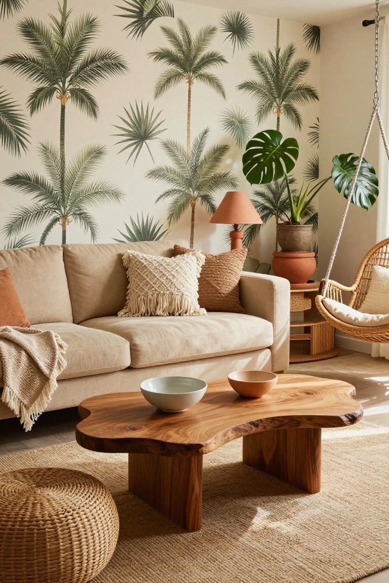 Beige three-seater sofa in a living room with green palm leaf wallpaper, live-edge wooden coffee table holding ceramic bowls, rattan pouf, hanging wicker chair, and potted plants.