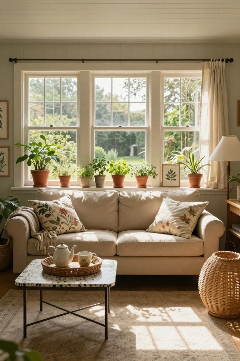Beige sofa in front of large triple windows with multiple potted herbs and plants on the sill, a coffee table holding a teapot and cup on a tray, in a light-filled room with wooden floors.
