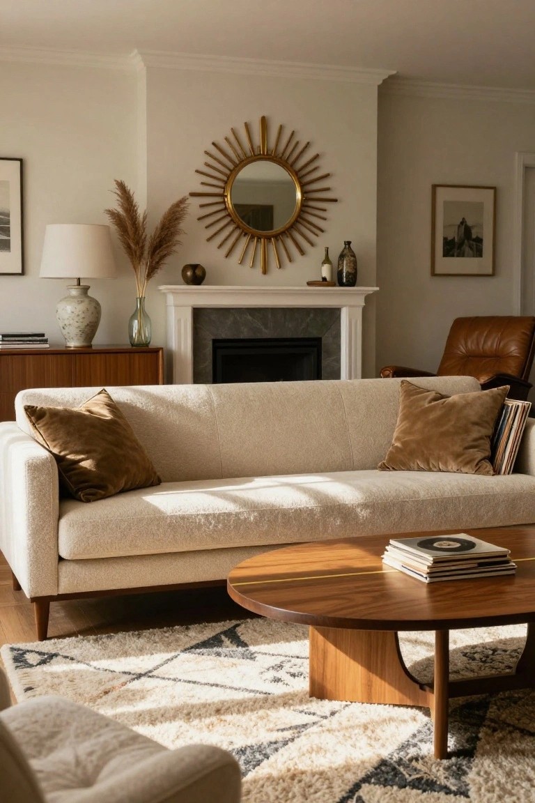 Living room with light beige sofa, round wood coffee table, wood credenza, leather armchair, fireplace, pampas grass, and gold sunburst mirror.