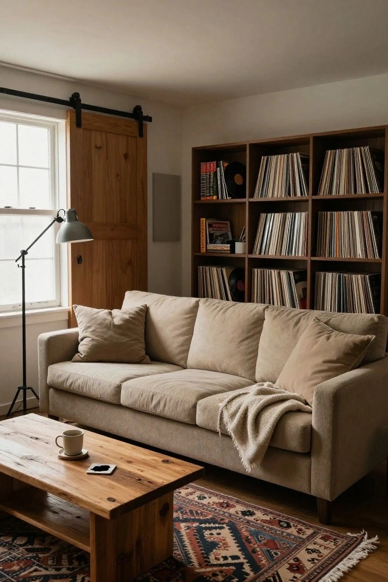Beige three-seater sofa with pillows and throw blanket in a living room featuring tall wooden bookshelves filled with vinyl records, a wooden coffee table with mug and saucer, arc lamp, patterned rug, and barn wood sliding door beside a window.