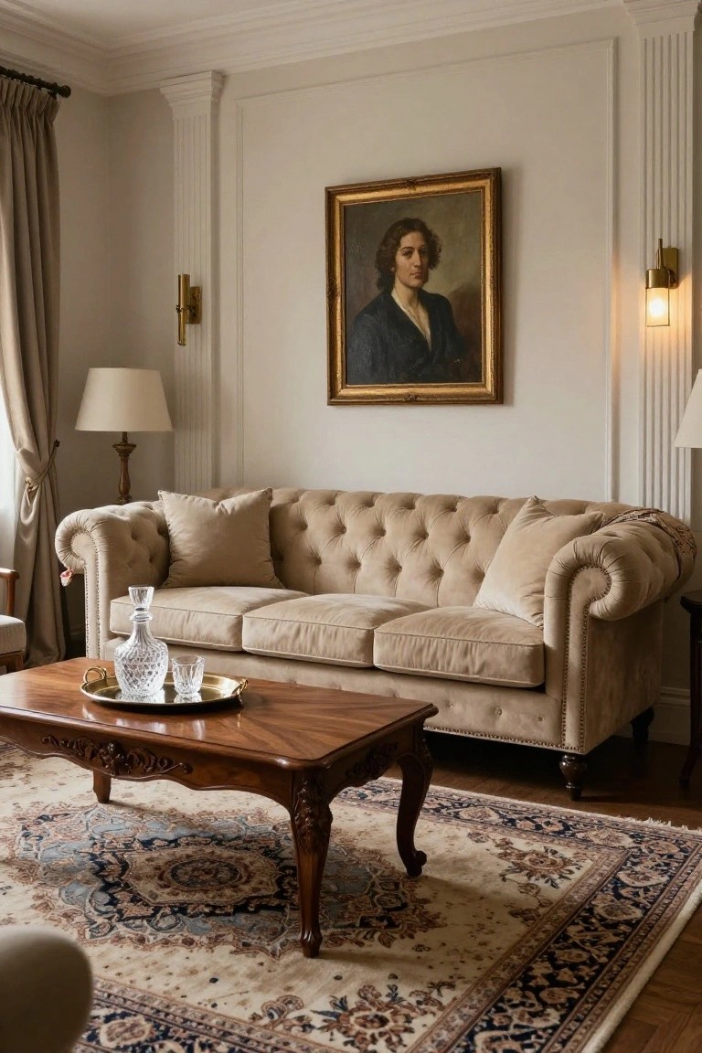 Beige tufted Chesterfield sofa in a cream-walled living room with wooden coffee table holding crystal decanter tray, Persian rug on floor, portrait painting, and wall sconces.