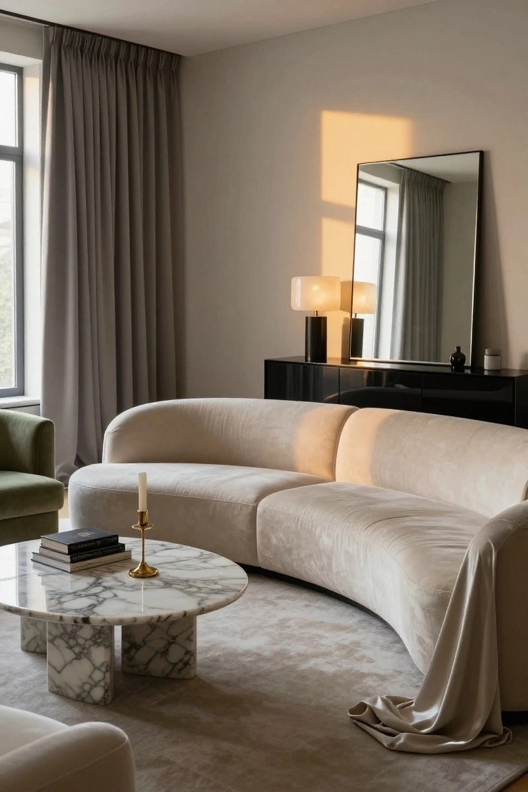 Modern living room with a large curved beige sofa, white marble coffee table with books and candle, black credenza with lamps, green armchair, and gray curtains on large windows.