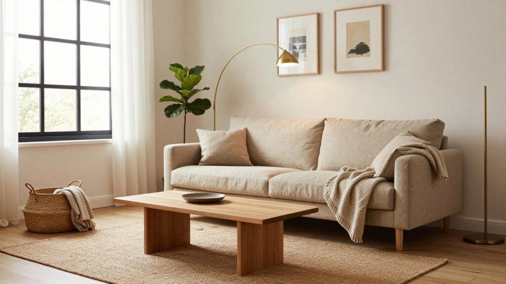 Beige linen sofa with pillows and draped throw blanket in a bright living room corner, featuring large black-framed windows with sheer curtains, gold arched floor lamp, fiddle leaf fig plant, oak coffee table with book and plate, wicker basket, and seagrass rug on wood floor.
