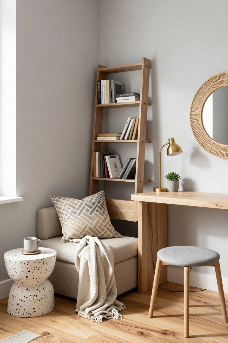 Cozy beige armchair with cream patterned pillow and white throw blanket next to wooden desk and ladder shelf in light gray room with rattan mirror, gold lamp, potted succulent, and speckled side table holding teacup.