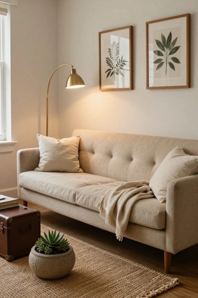 Light beige tufted three-seater sofa with cream linen pillows, draped knit throw blanket, brass arc floor lamp, potted succulent in gray ceramic pot on leather trunk table, seagrass rug, and two framed green botanical leaf prints on beige wall in living room.