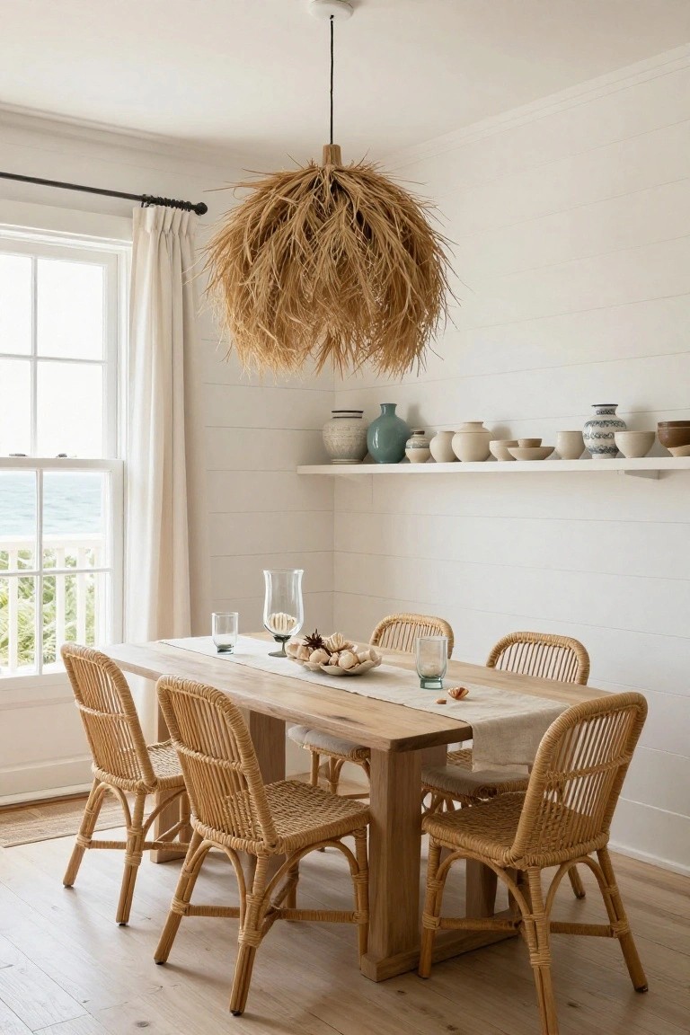 White shiplap dining room with rattan chairs around a wooden table on a linen runner, thatched pendant light overhead, pottery on open shelves, and large window with ocean view.