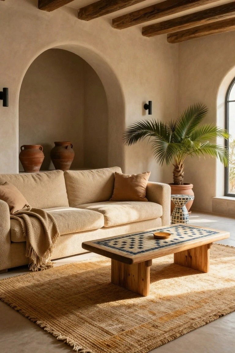 Beige sofa with tan throw blanket in a light beige plaster-walled room featuring wooden beams, arched niches holding two terracotta pots, potted palm tree by arched window, checkered tile-topped wooden coffee table, and fringed tan rug.