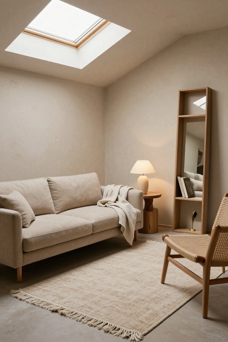 Beige two-seater sofa with cream throw blanket and pillows on a light fringed rug in a neutral room featuring wooden drum side table with lamp, tall wooden mirror shelf, rattan chair, and skylight overhead.