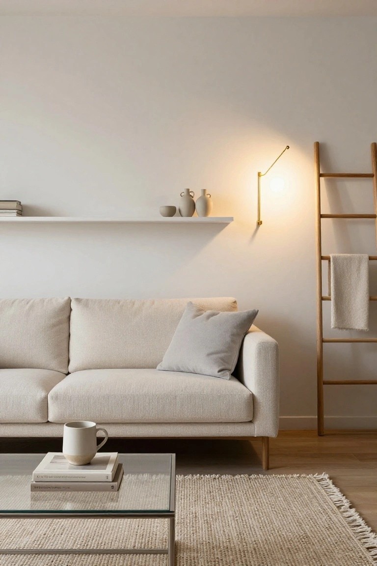 Beige two-seater sofa with slim wooden legs in a minimalist living room featuring white walls, floating shelf with pottery, wooden ladder towel rack, wall-mounted lamp, glass coffee table with books and mug, and beige rug on light wood floor.