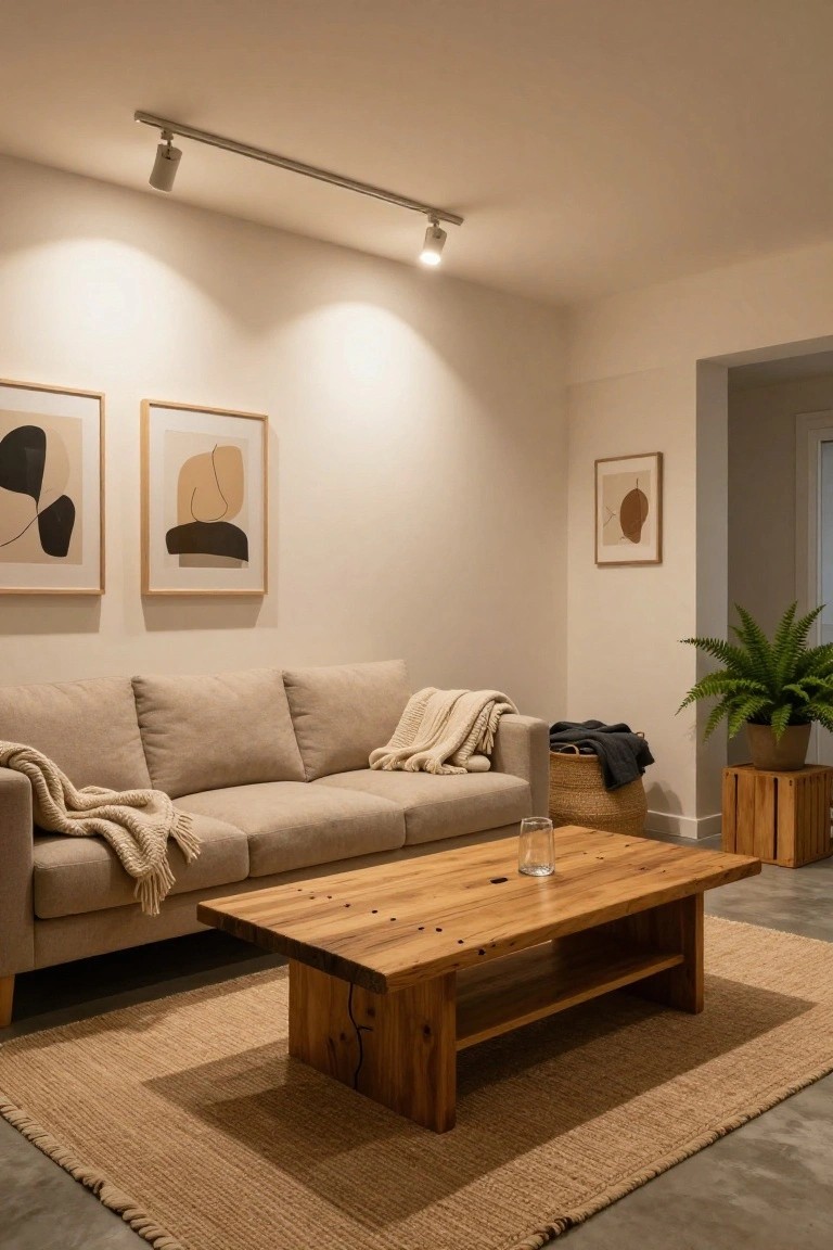 Beige three-seater sofa with cream throws on arms and back, wooden coffee table with glass tumbler in front, seagrass rug underneath, abstract neutral art on walls, potted fern plant, and track spotlights in a light room with concrete floor.