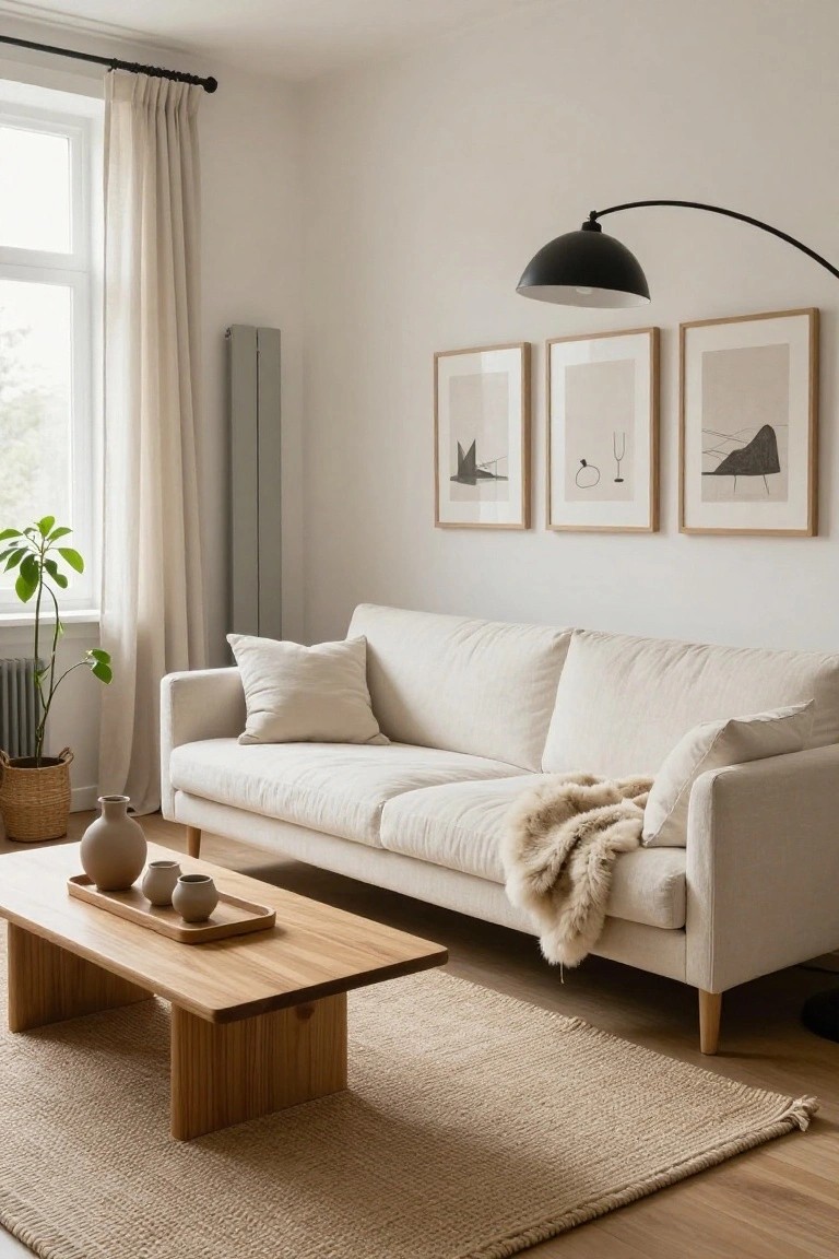 A cream-colored sofa with white pillows and a fur throw sits in a light beige living room, facing a low wooden coffee table with ceramic vases, neutral abstract art in oak frames on the wall above, sheer curtains on a large window, a potted plant, and a seagrass rug on hardwood floors.