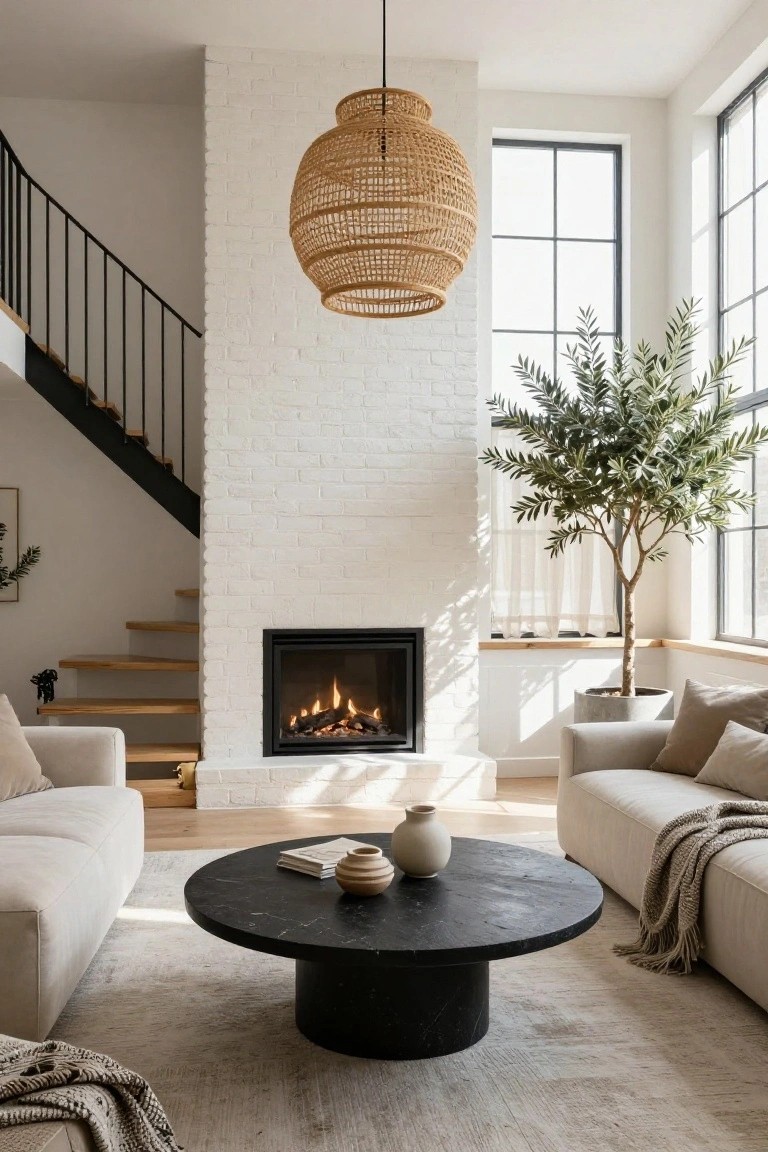 Modern living room with two cream sofas facing a gas fireplace, black round coffee table in front, olive tree in corner, black metal stairs, and large pendant light overhead.