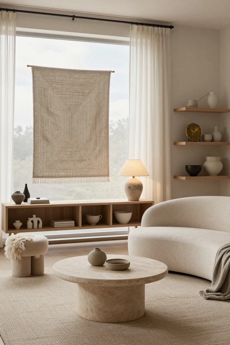 Beige curved sofa in a light neutral living room with wooden credenza holding ceramics, travertine coffee table, beige rug, pouf stool, and floating shelves with vases beside a large window with sheer curtains and woven wall tapestry.