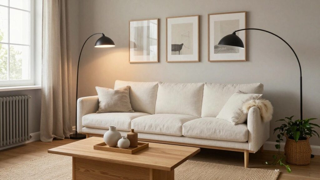 A cream-colored sofa with white pillows and a fur throw sits in a light beige living room, facing a low wooden coffee table with ceramic vases, neutral abstract art in oak frames on the wall above, sheer curtains on a large window, a potted plant, and a seagrass rug on hardwood floors.
