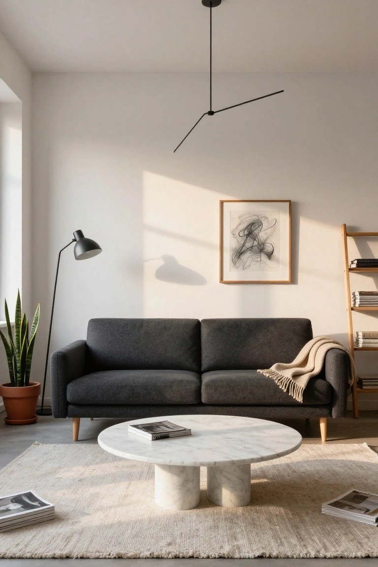 A bright living room with white walls, dark gray two-seater sofa with wood legs, round white marble pedestal coffee table on a beige rug, potted snake plant, black floor lamp, wooden ladder shelf, and framed abstract drawing.