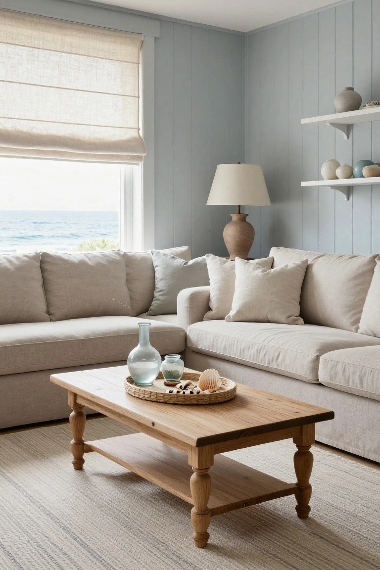 Light blue paneled living room corner with beige linen L-shaped sofa, wooden coffee table holding a rattan tray with shells and glass vases, white floating shelves with ceramics, terracotta lamp, and large window showing ocean view.