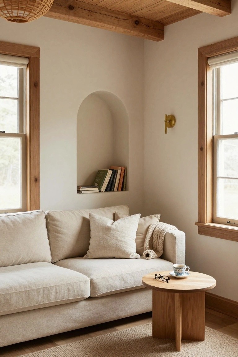 Cream linen sofa with white pillows and knit throw draped over arm in corner room with wooden ceiling beams, arched beige niche holding books, oak side table with teacup eyeglasses and saucer, seagrass rug, and large wooden-framed windows.