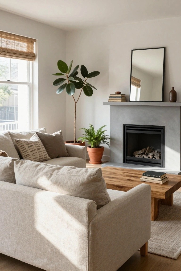 Light beige linen sofa with neutral pillows in a white-walled living room next to a gray fireplace, wooden coffee table, potted plants, and bamboo shades on the window.
