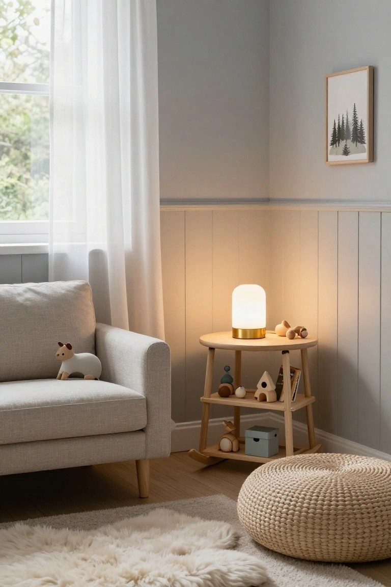 Corner of a light gray room with paneled walls, a beige fabric sofa with wooden legs and a toy animal on it, a round wooden side table with gold-based lamp and wooden toys, white curtains on a window, and a beige woven pouf on a white shag rug.