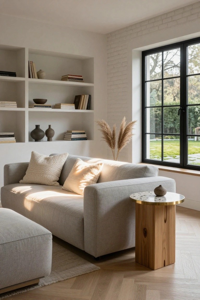 Light gray sofa with cream knit pillows and matching ottoman next to white built-in shelves holding books, ceramics, and pampas grass, beside a large black-framed window overlooking a garden on herringbone oak floors.