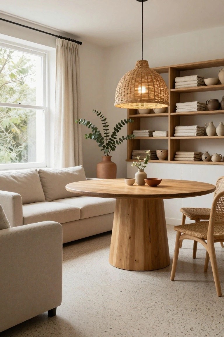 Beige sofa positioned next to a round wooden pedestal table with one rattan chair pulled up, in a light room with wooden shelves stocked with ceramics and linens, potted plants, and a large window with sheer curtains.