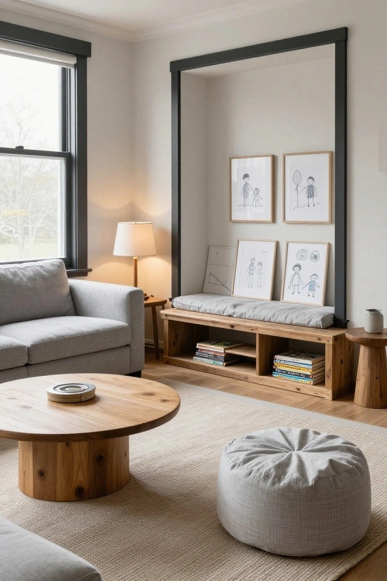 Light gray fabric sofa in a living room with wooden coffee table, cushioned bench on open shelving unit, framed line drawings of figures on walls, table lamp, and window with view of trees.