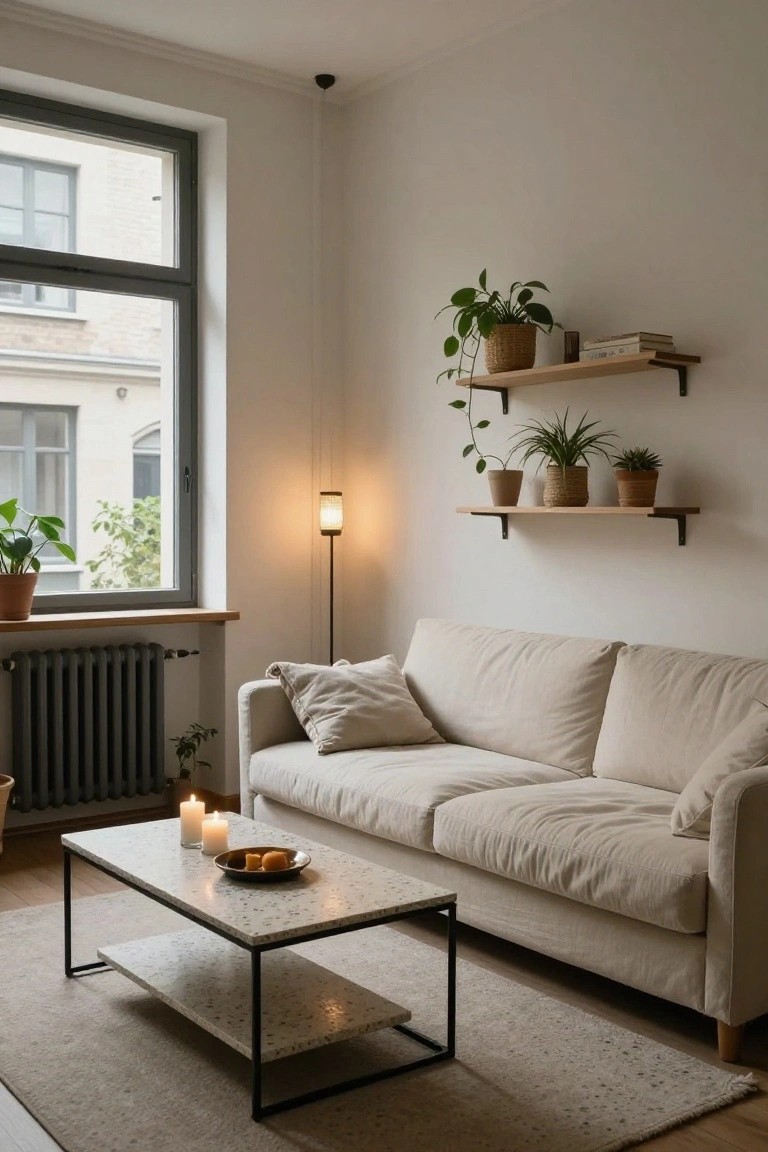 Beige fabric sofa in a white-walled living room corner next to a large window, with a terrazzo-topped black metal coffee table holding candles and fruit, plants on wooden shelves, and a floor lamp.