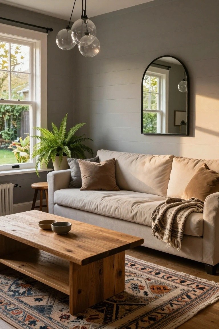 Beige linen sofa with neutral pillows and throw on a gray shiplap-walled living room with wooden coffee table, neutral rug, large window overlooking garden, fern plant, and arched black mirror.