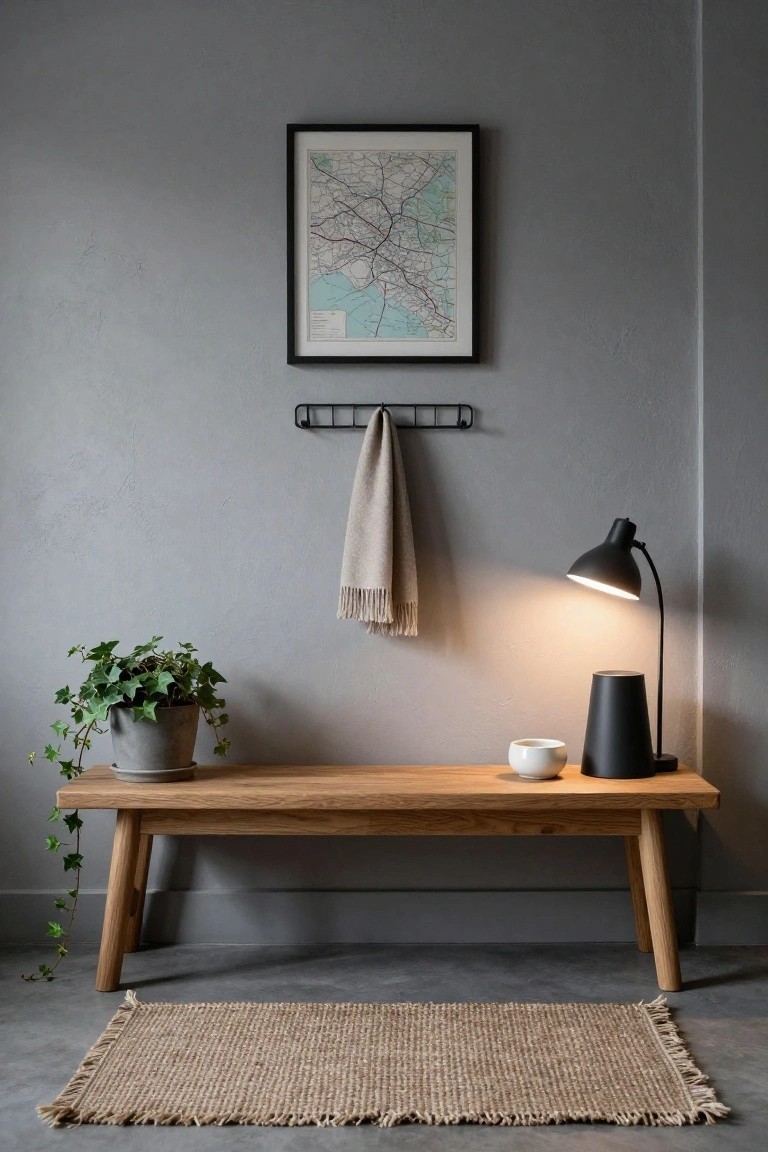 Gray entryway corner with wooden bench holding gray pot of ivy plant and white bowl, black desk lamp and vase on bench, black metal towel rack with beige towel above, framed map on wall, seagrass rug on concrete floor