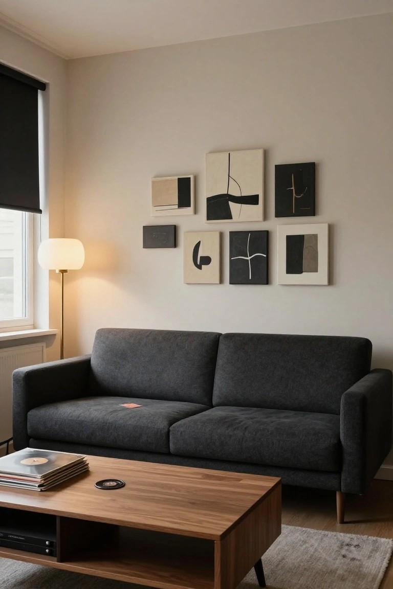 Modern living room with a charcoal gray fabric sofa, wooden coffee table holding stacked vinyl records and a media player, gallery wall of abstract black and white framed artworks, white globe floor lamp on brass stand, and neutral beige walls with window blind.