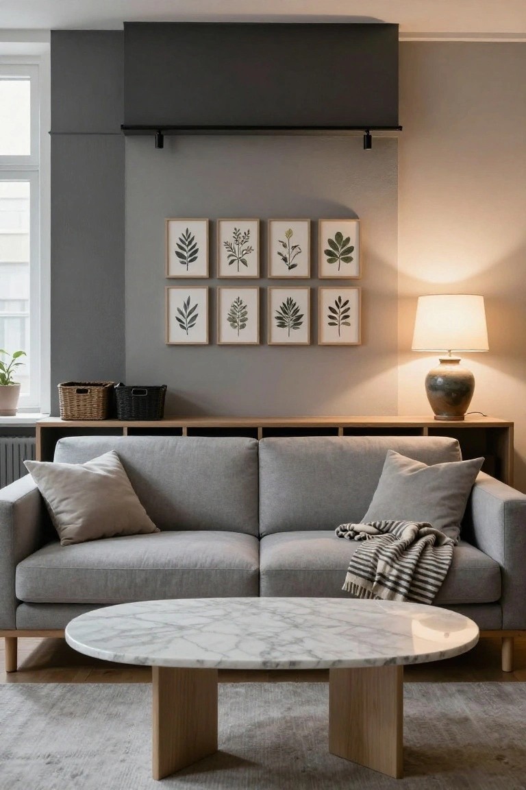 Light gray two-seater sofa in a modern living room with round white marble coffee table on oak legs, wooden shelving unit with baskets, framed botanical leaf prints on gray wall, ceramic lamp, and beige area rug.
