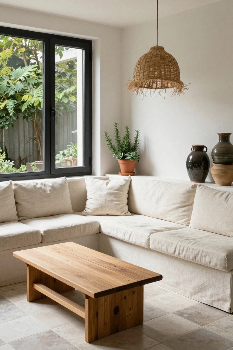 White L-shaped linen sofa in a bright corner room with low wooden coffee table, potted plants, ceramic vases on shelves, woven rattan pendant lamp, and large black-framed windows showing garden view.